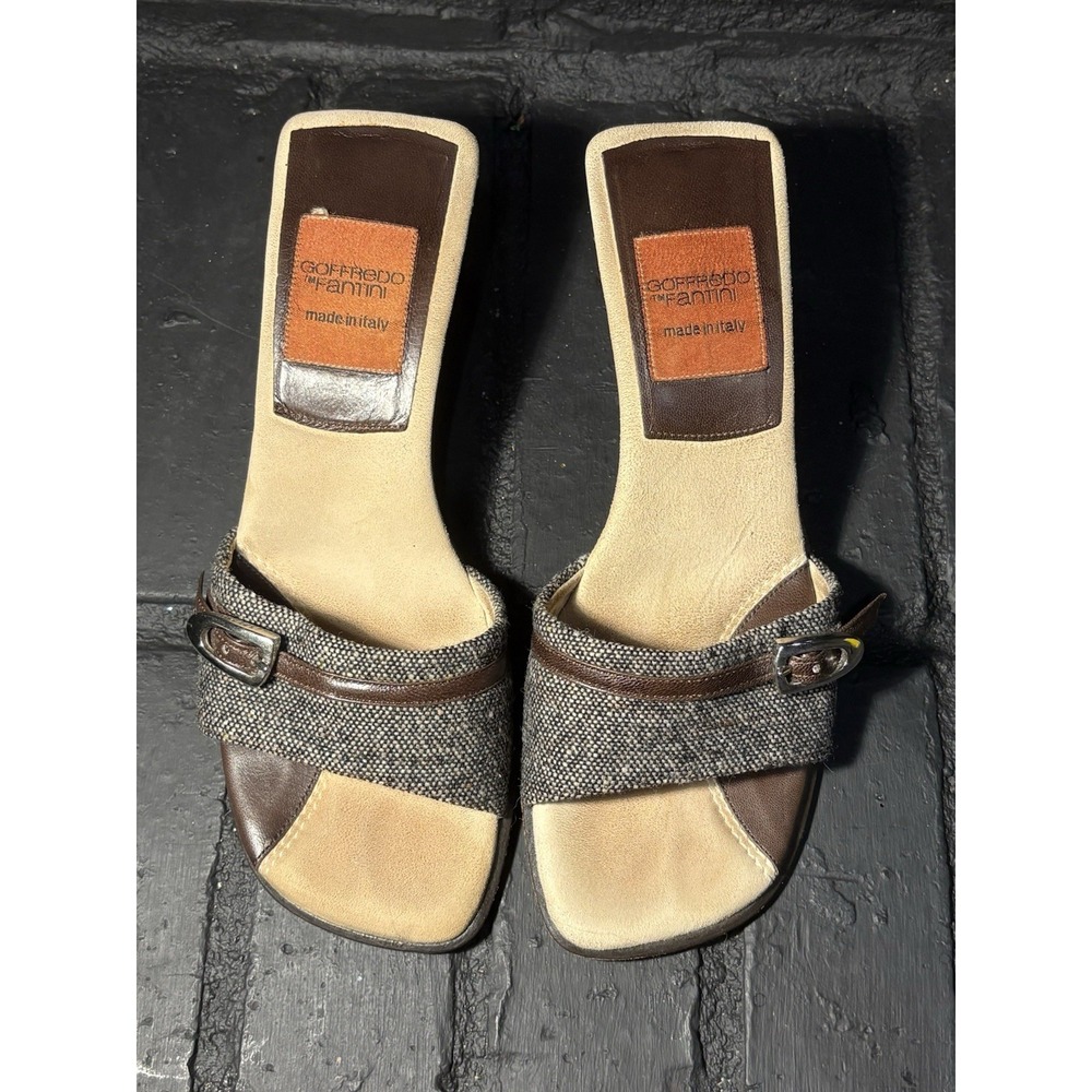 Goffredo Fantini Sandals Women 36 Brown Tweed Block Heel Square Toe Slide Italy